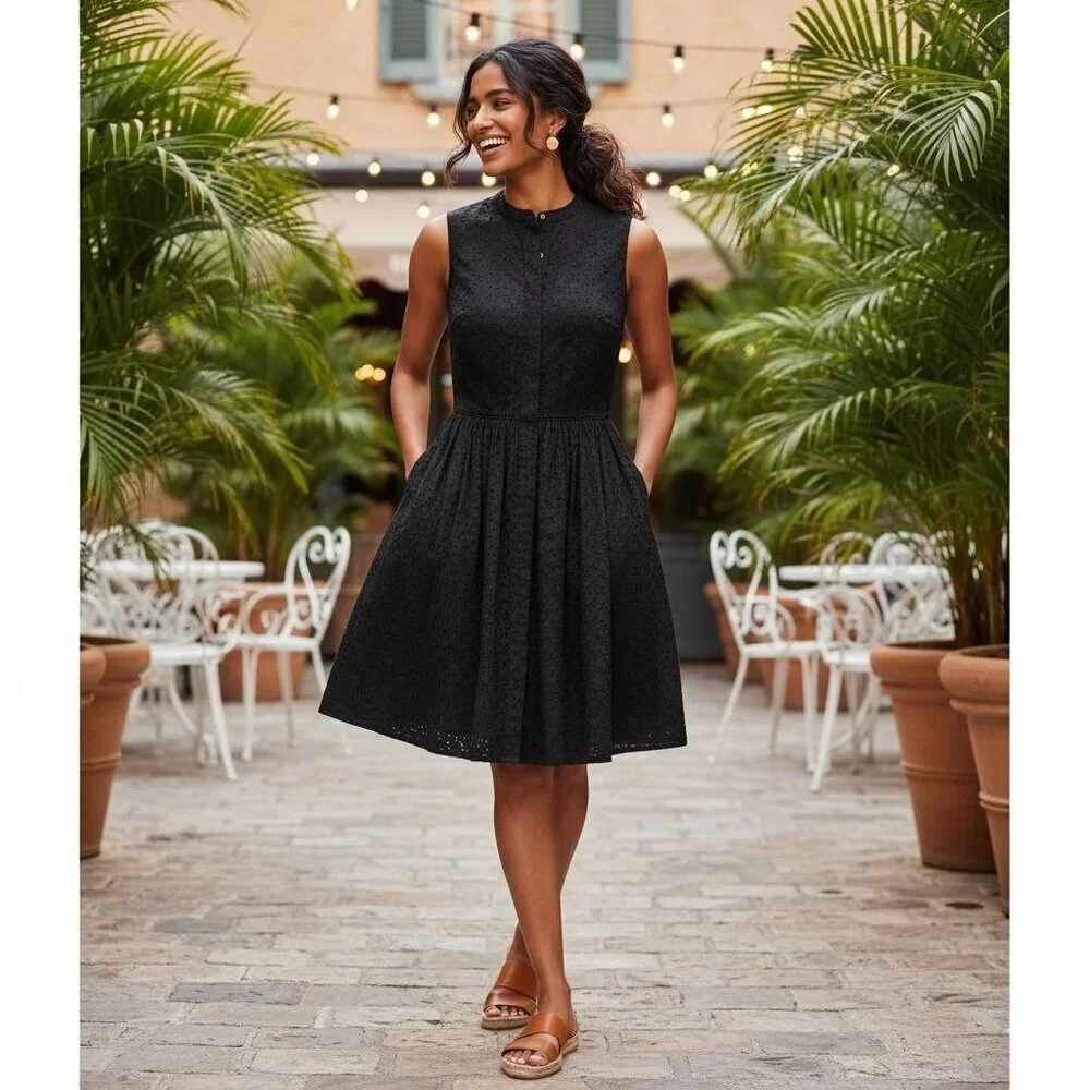 J. By j.Crew Black Eyelet Lace Sleeveless Dress Pockets Cotton Size 8